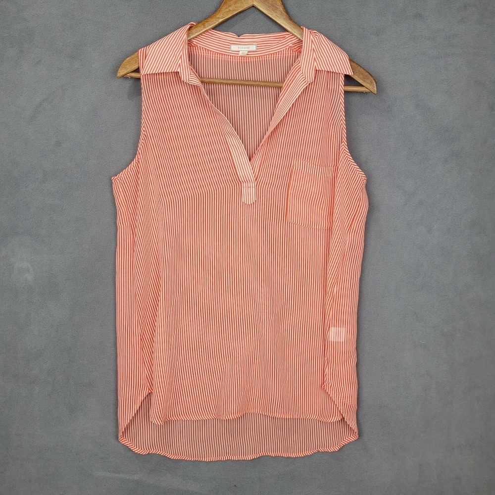 Pleione Blouse Top Womens Medium Orange White Striped Pocket Collared Sleeveless
